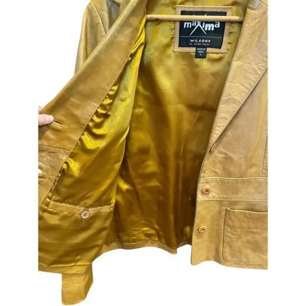 Vintage Wilson's Leather Maxima Camel Brown Button Biker Style Collared Jacket - Picture 15 of 16